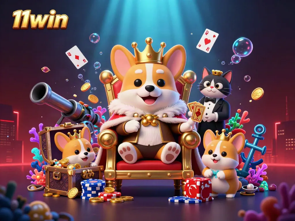 Experience the thrill of 11win with our unique corgi-themed casino scene filled with vibrant game elements.