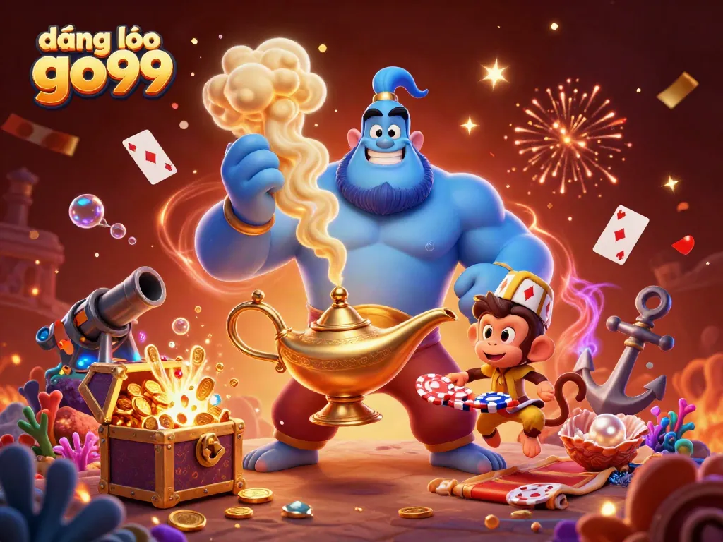 Engage in excitement with đăng nhập go99, featuring a magical genie bursting from a lamp in a vibrant casino atmosphere.