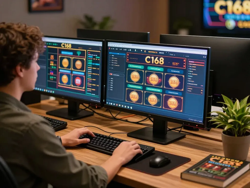 C168 online gamer analyzing strategies and gameplay with multiple screens in a modern workspace.