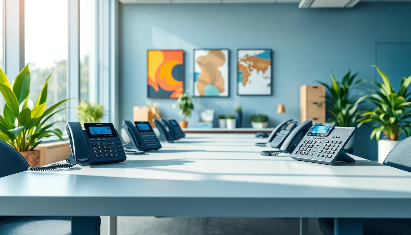 Showcase of office phone systems in a modern workspace setting highlighting versatility.