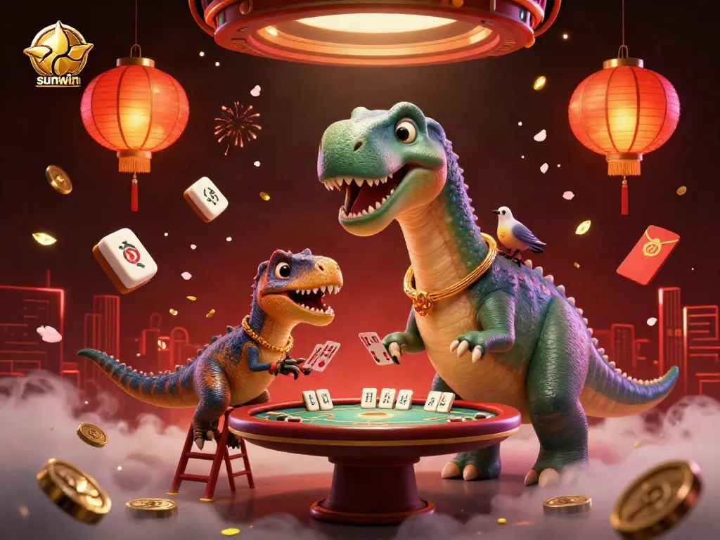 Experience the excitement of sunwin in a vibrant casino environment with a giant brontosaurus and clever raptor dealing cards.