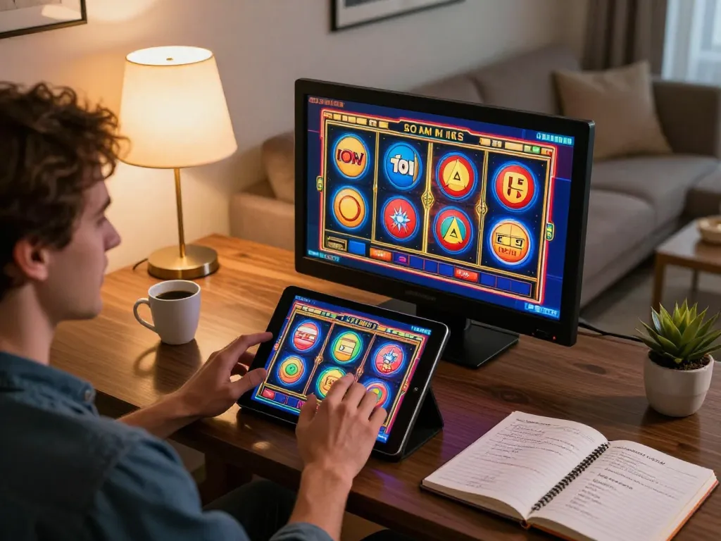 Player enjoying nohu90 slot games on a tablet in a cozy home setting