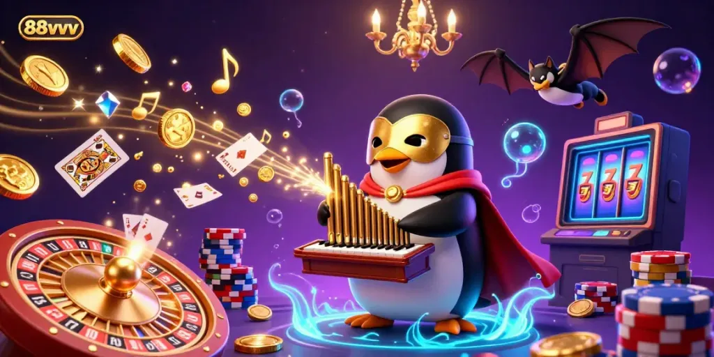 Experience the thrilling gameplay at 88vvv with a magical casino scene featuring an animated penguin, golden coins, and vibrant playing cards.