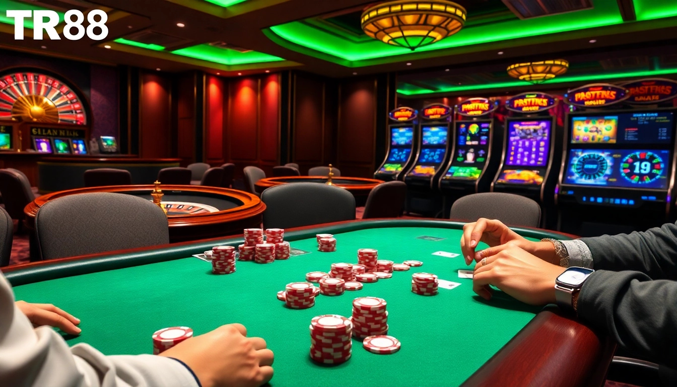 Experience the excitement of TR88 with vibrant casino tables, poker chips, and lively game displays.