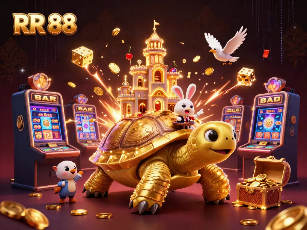 Experience thrilling jackpots with RR 88's vibrant casino scene featuring cartoon characters and golden rewards.