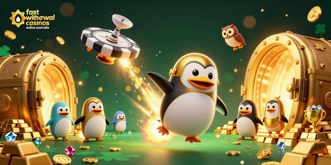 Experience fast withdrawal casinos online Australia with a dynamic 3D scene showcasing a golden penguin spaceship and sparkling treasures.