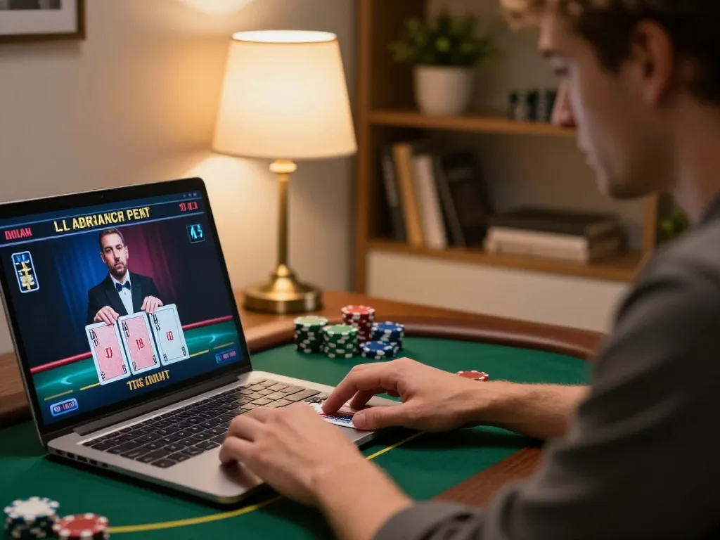 va88 gambler playing live dealer blackjack on laptop, focused on winning strategies in cozy home office