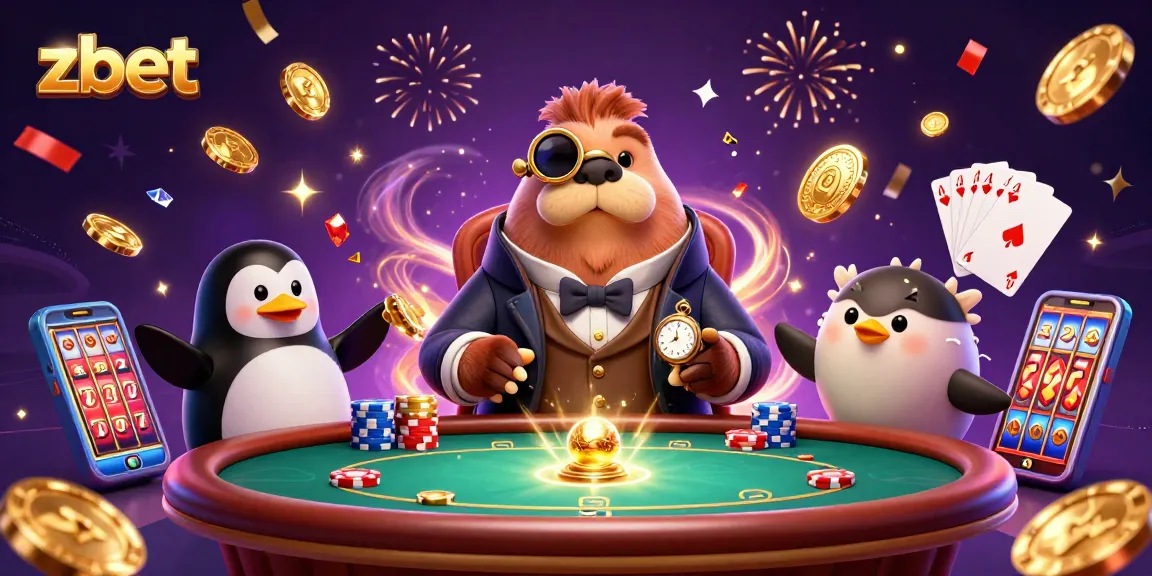 Experience the jolly walrus at zbet's poker table amid dazzling casino action!