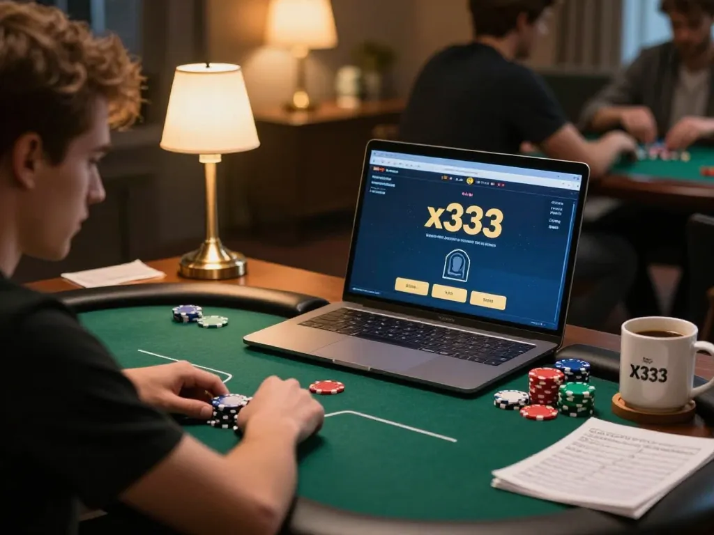 Player analyzing strategy while engaging in x333 online poker game with stylish desk setup