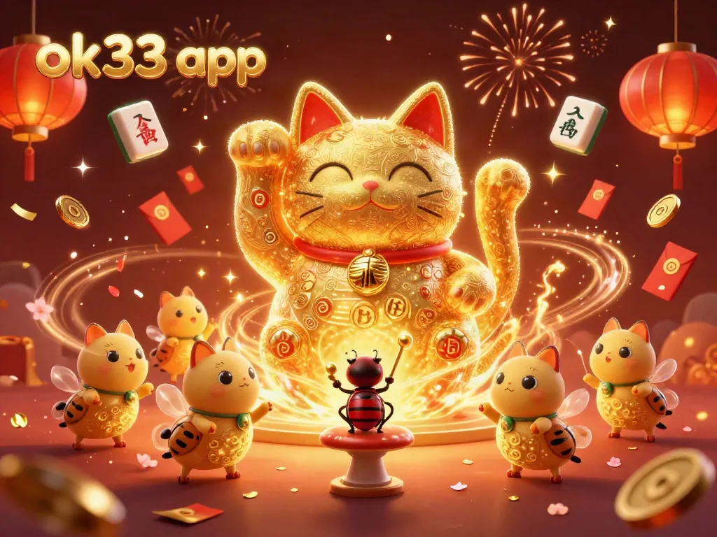 Engage with the vibrant ok33 app scene featuring a playful lucky cat and festive casino symbols.