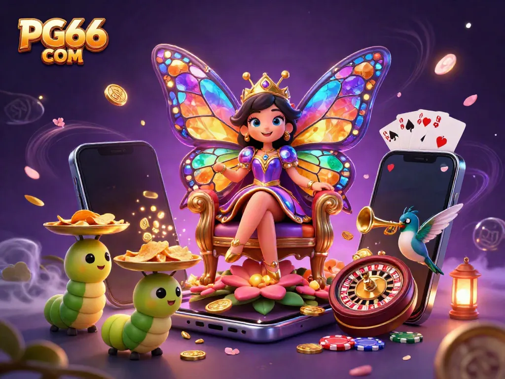 Experience excitement at PG66 COM with a vibrant 3D casino illustration featuring a butterfly queen and gaming elements.
