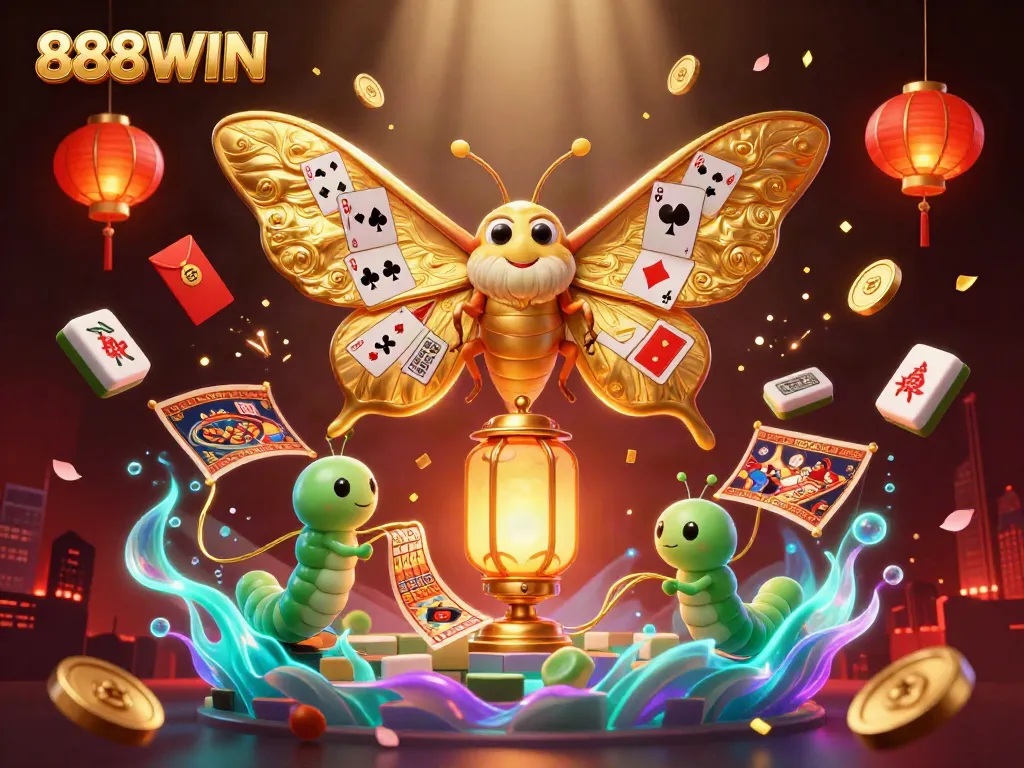 Experience the thrill of 888WIN with vibrant illustrations of casino elements.