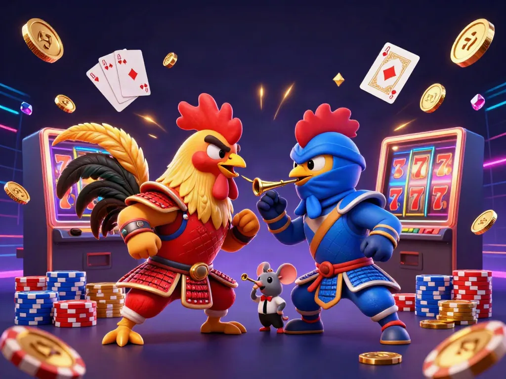Engaging illustration of twin 3D cartoon fighting roosters representing online casino action.
