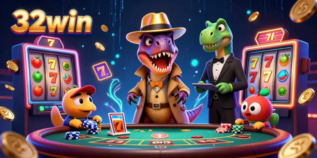 Engaging 32win casino scene featuring a velociraptor card counter, stegosaurus pit boss, and playful compy pickpocket.