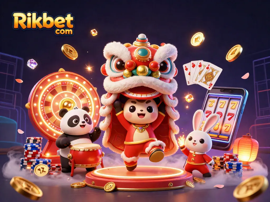 Engage with thrilling games at Rikbet com, featuring a colorful lion dance amid casino elements.