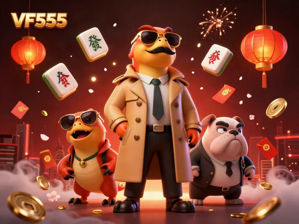 Experience VF555's vibrant casino world with whimsical raptors and festive elements in a dynamic scene.