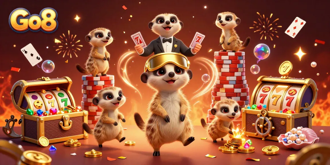 Go8 meerkats manage a lively casino with colorful slots and festive elements.