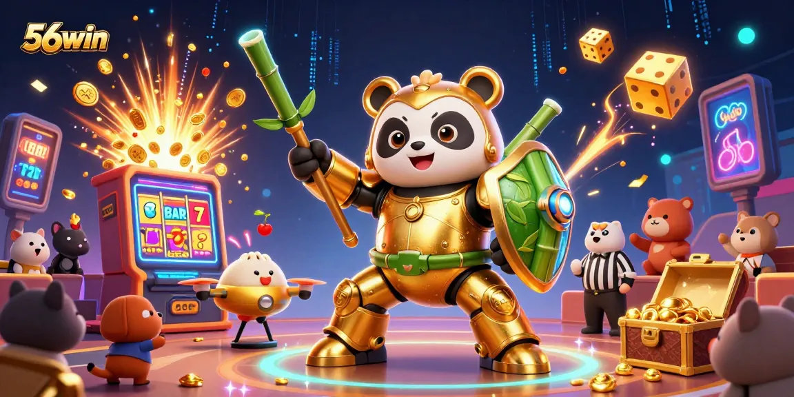 Engage with 56win's thrilling casino atmosphere featuring vibrant panda robots, jackpots, and game excitement.