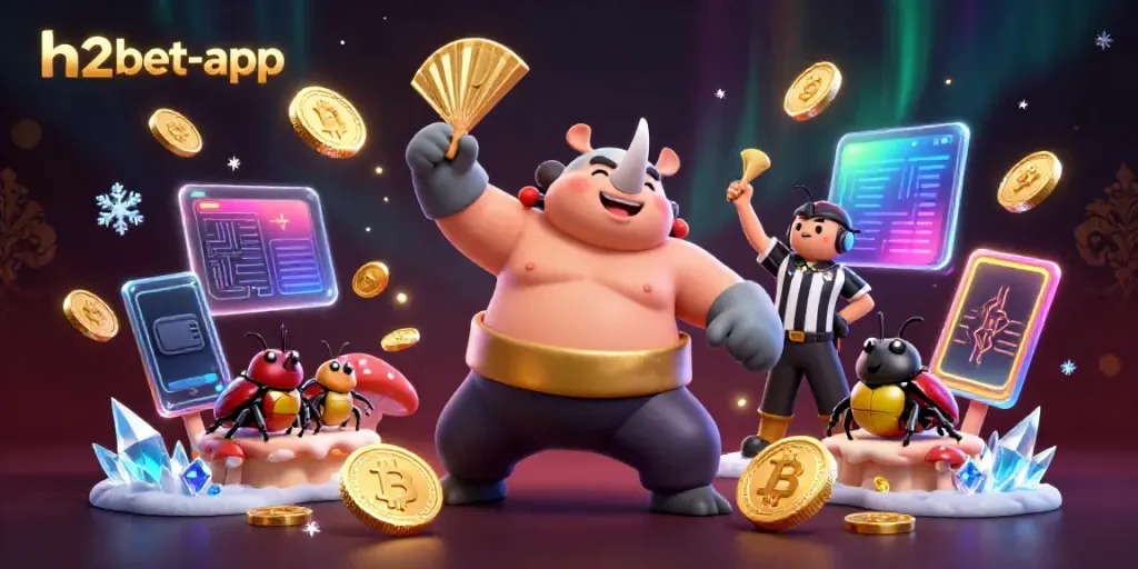 Experience the thrilling excitement of h2bet-app through a dynamic 3D beetle championship scene, featuring flying coins and crypto elements.