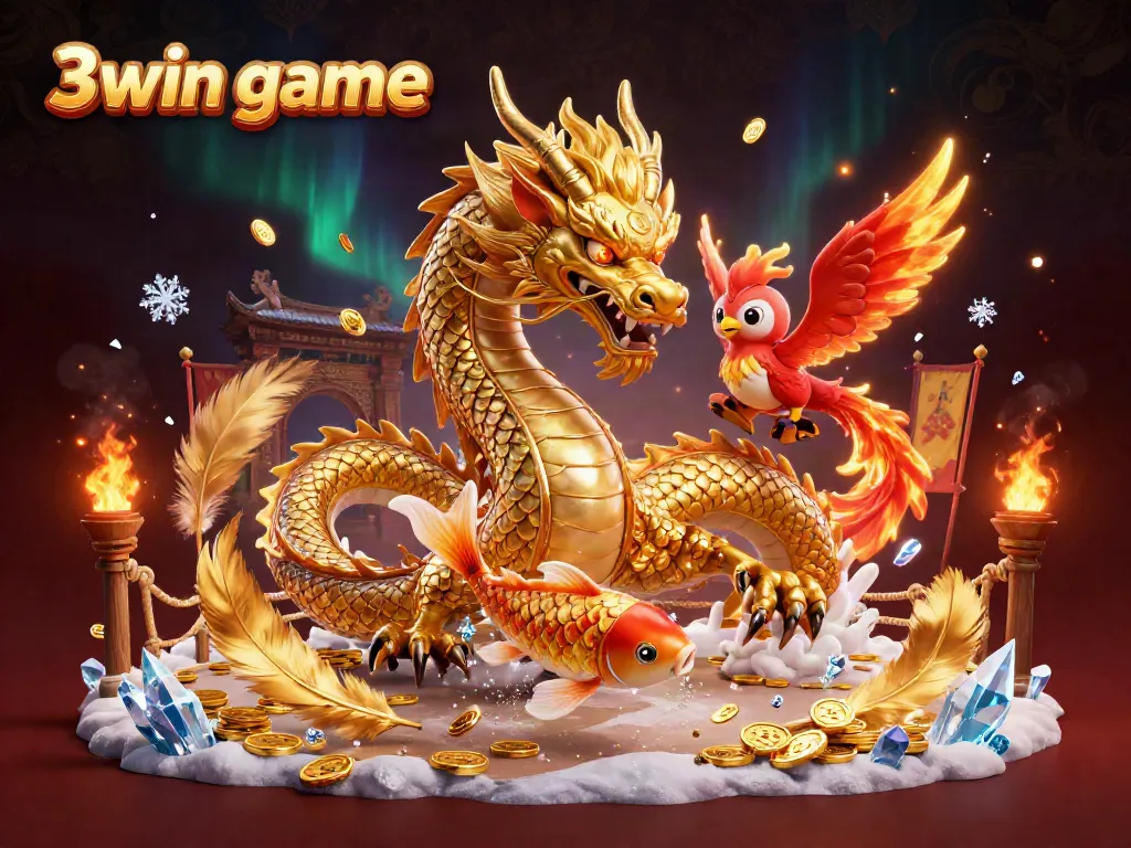 Experience thrilling gameplay with 3win game featuring dynamic scenes of a dragon, phoenix, and koi fish.