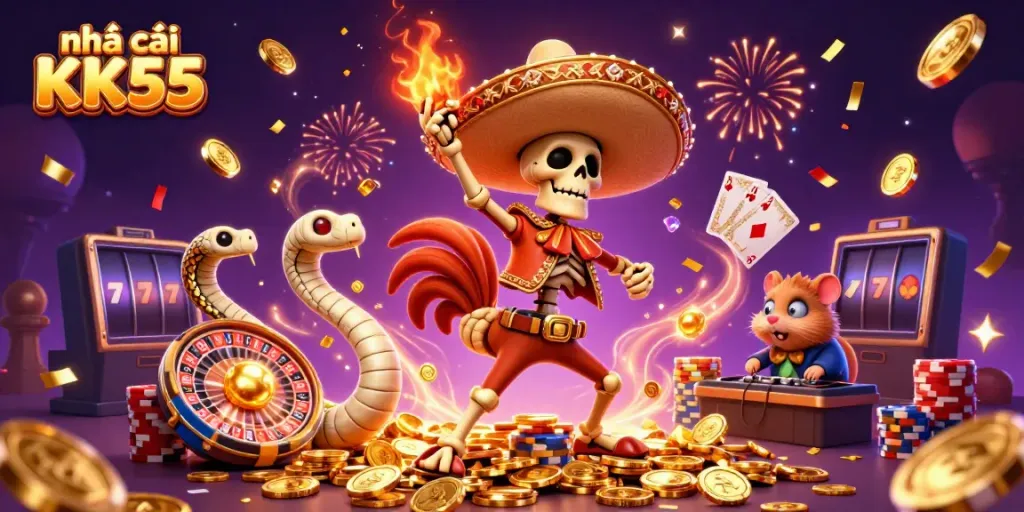 Celebrate wins at nhà cái KK55 with a vibrant 3D gambling scene showcasing festive characters and casino elements.