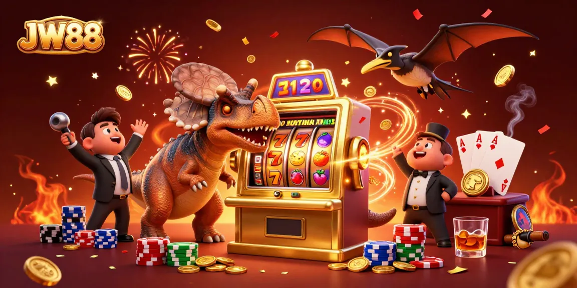 JW88 gaming excitement with a dinosaur celebrating a jackpot payout at a vibrant casino scene.