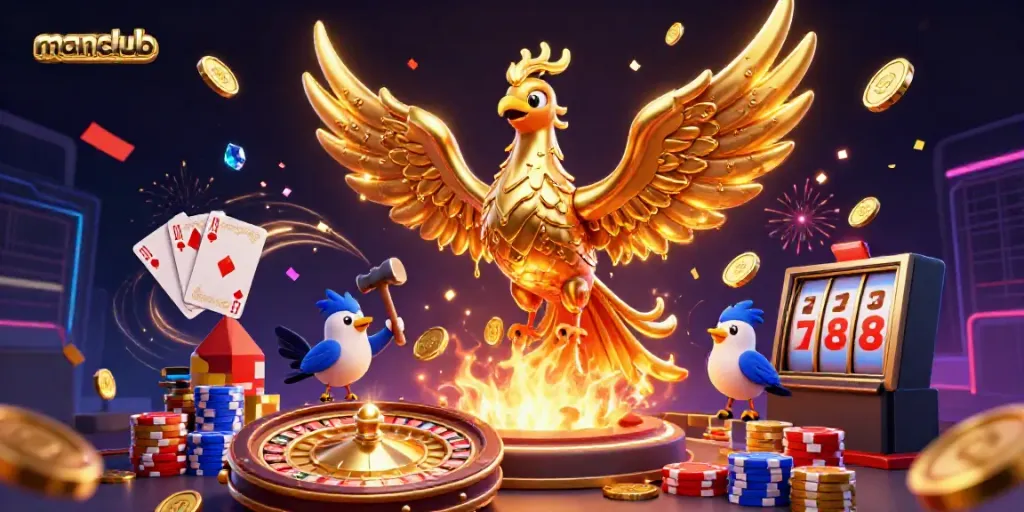 Experience exciting gameplay with manclub and a golden phoenix emerging from a forge, surrounded by casino elements.