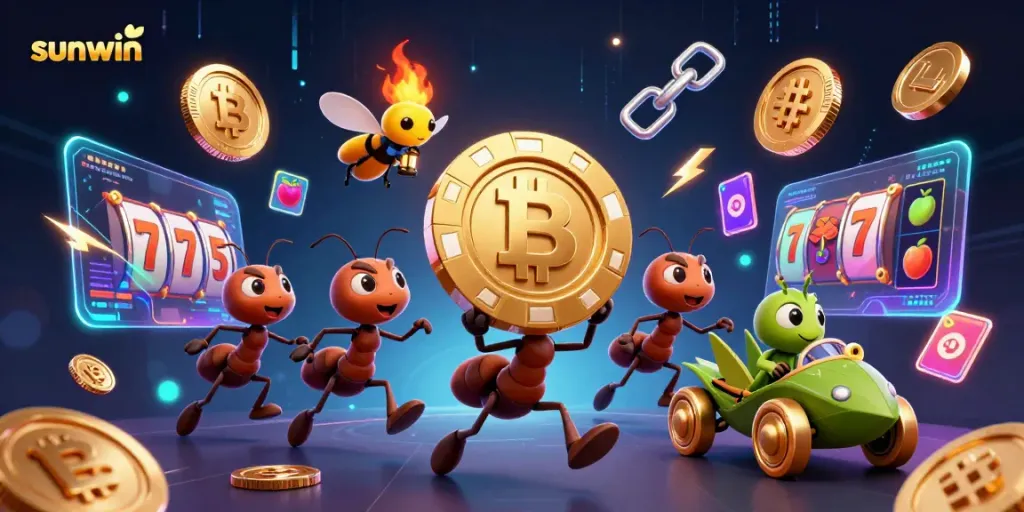 Engaging cartoon heist scene showcasing sunwin characters with a giant poker chip amidst vibrant casino elements.