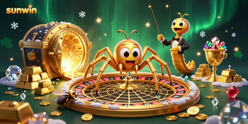 Experience the excitement of sunwin with golden spider and croupier in a casino-themed adventure.