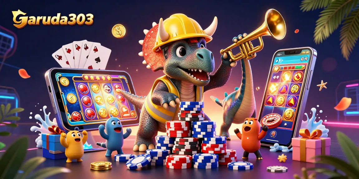 Join the fun at garuda303 with a triceratops building poker chips while surrounded by festive slot games and colorful elements.