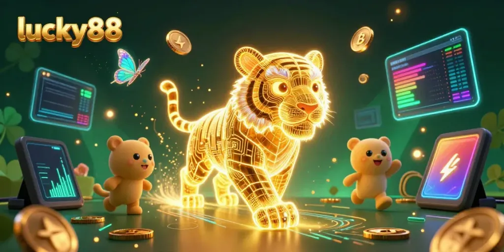 Experience excitement at lucky88 with vibrant 3D characters and crypto symbols in a dazzling casino setting.