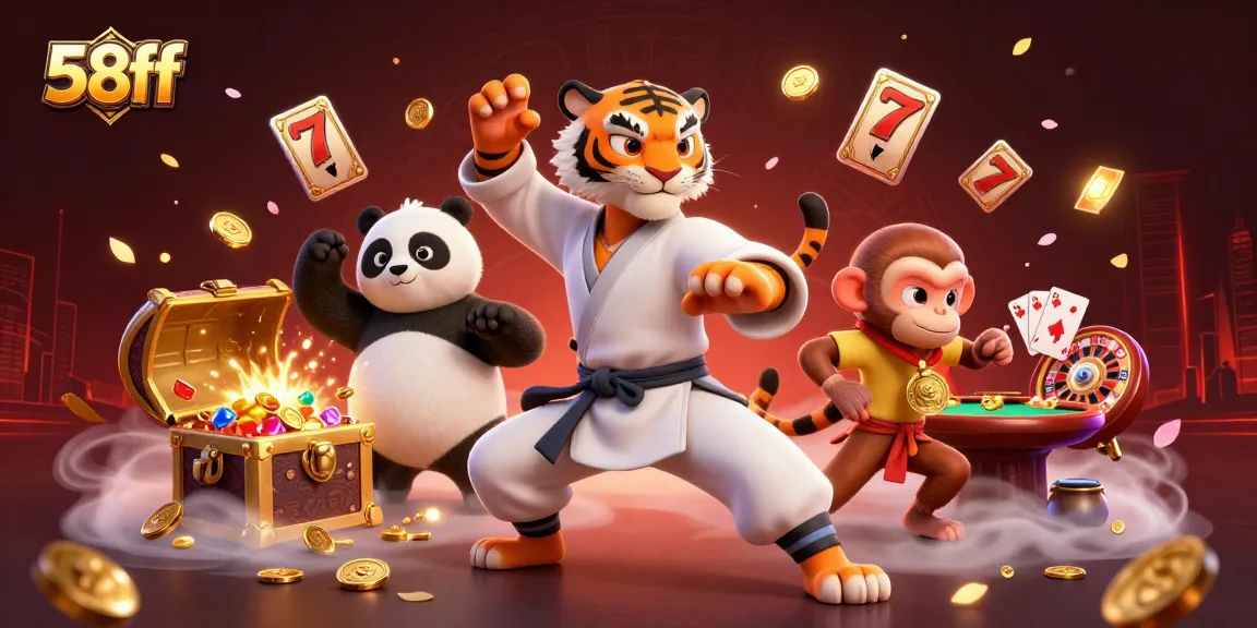 Engage with 58ff casino's dynamic gaming scene featuring playful tiger, panda, and monkey among slots and roulette.