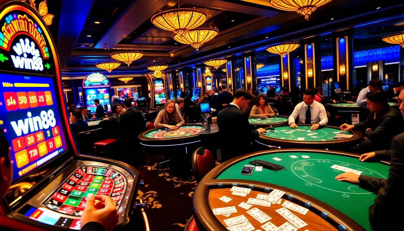 Experience win88's luxury casino vibe with slot machines and active gaming tables.