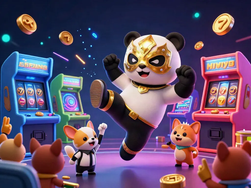 Experience the thrilling action at fc88 with a panda wrestler and chihuahua referee in a vibrant casino atmosphere.