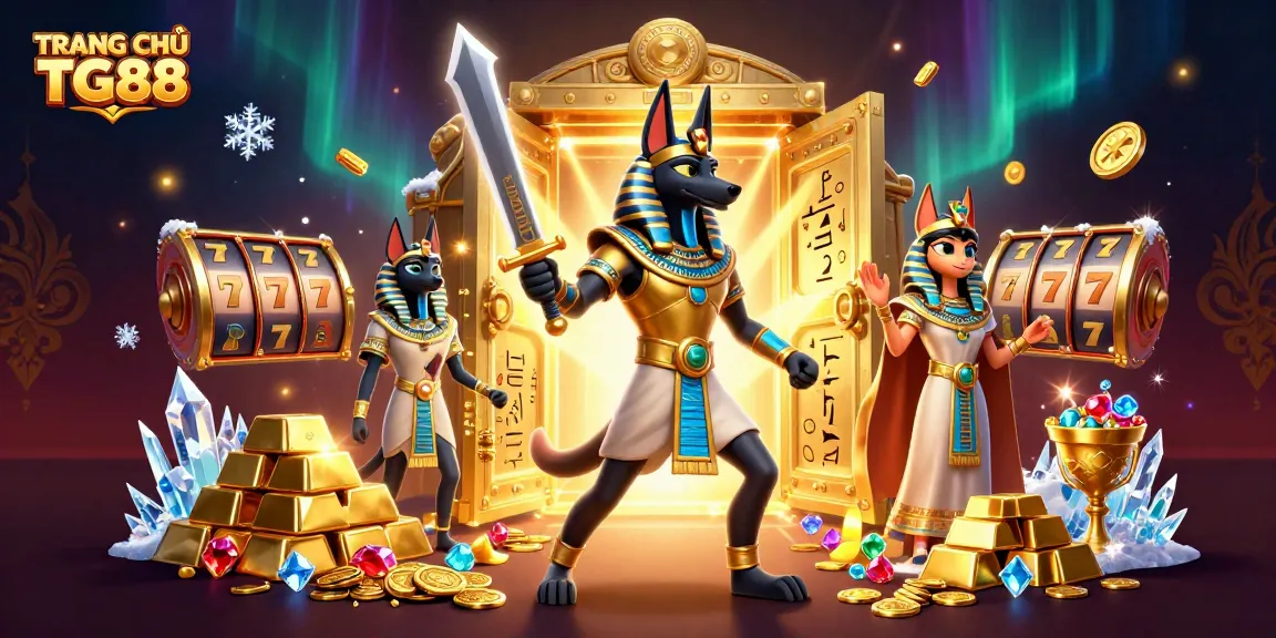 Engage with TRANG CHỦ TG88 showcasing Anubis and Bastet amidst a vibrant casino treasure scene.