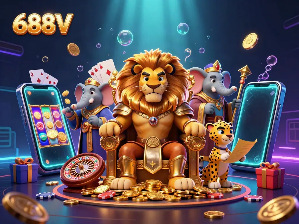 Experience the dynamic gaming world of 688V with a vibrant 3D casino scene showcasing interactive games.