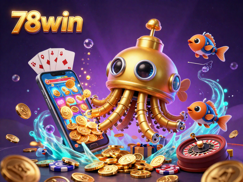 Spin the reels with 78win's dynamic 3D scene featuring a golden kraken and slot game excitement.