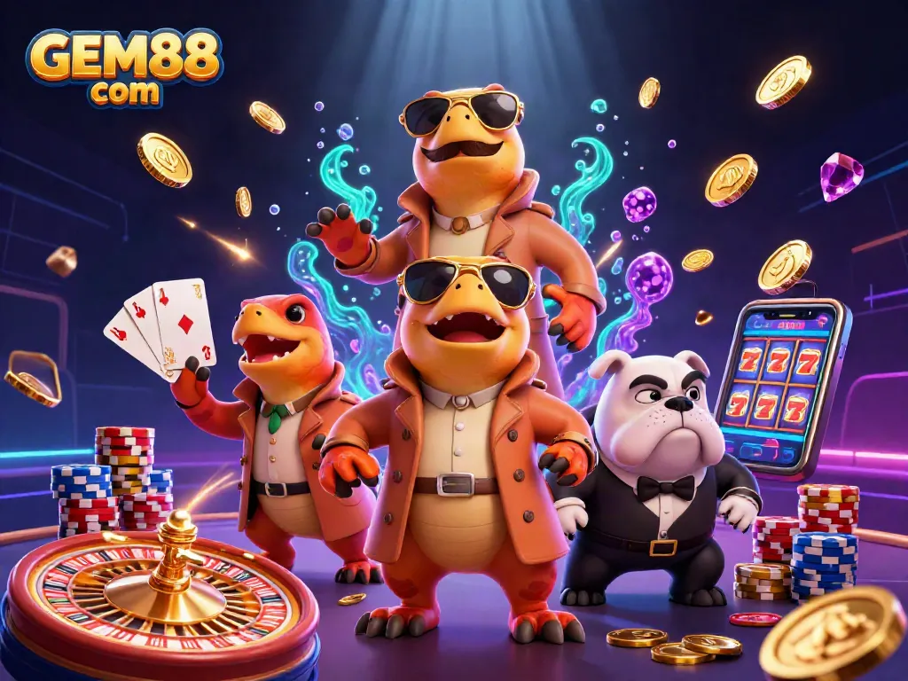 Experience the excitement at GEM88 com with 3D raptors entering a VIP casino lounge.