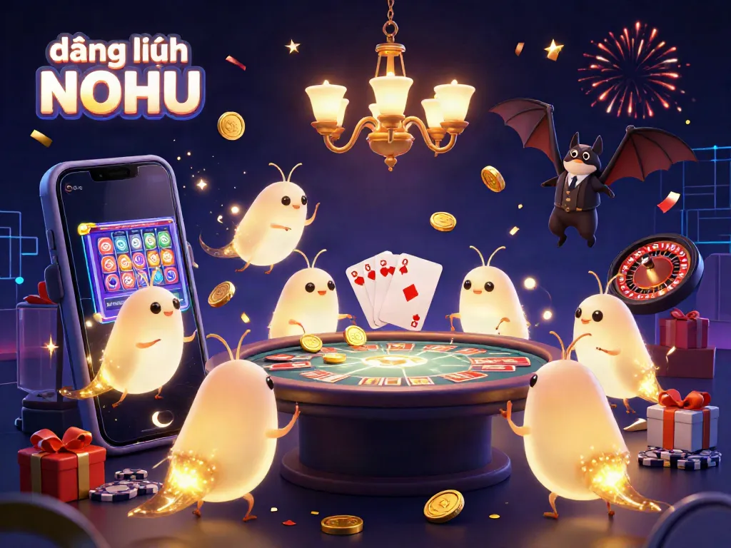 Experience the vibrant casino atmosphere with đăng nhập NOHU, illuminated by glowworms and featuring a dynamic slot game scene.