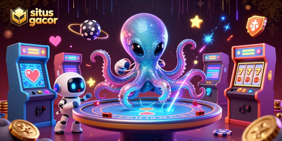 Situs gacor showcases a vibrant scene with an alien octopus at a poker table amidst casino-themed elements