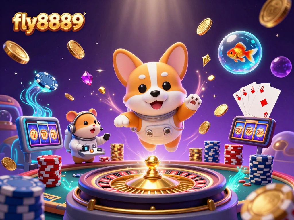 Experience the excitement of fly8889 with a 3D animated casino scene featuring floating corgi astronauts and vibrant casino elements.