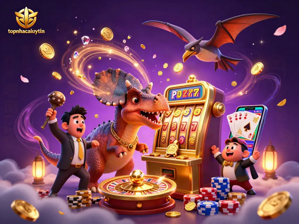 topnhacaiuytin features a pachycephalosaurus winning a jackpot, with dynamic casino elements