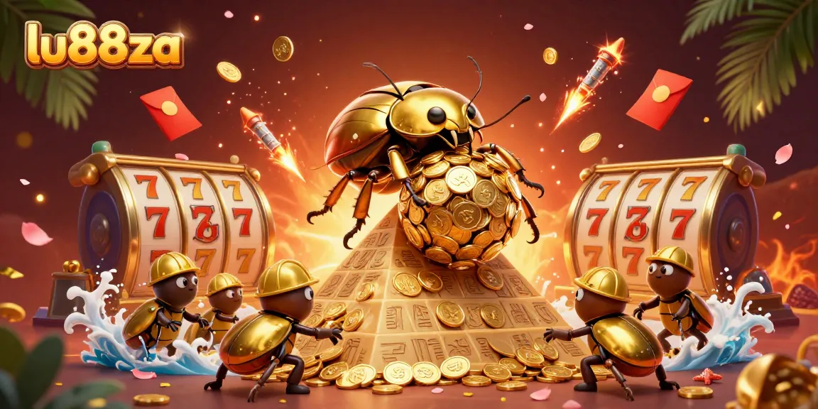 Engage in thrilling casino fun with LU88ZA, featuring golden beetles amidst slot reels.