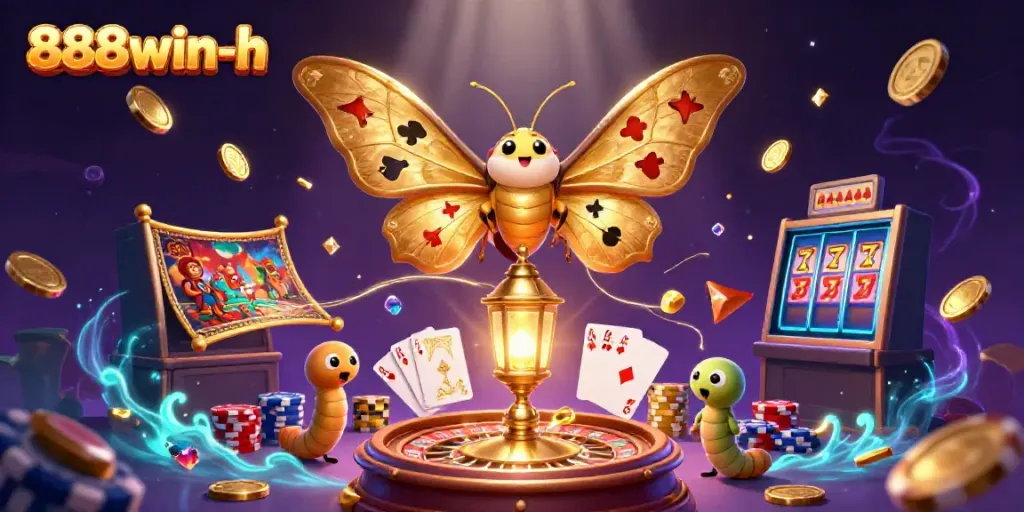 Experience the excitement of 888win-h with a captivating 3D casino-themed illustration featuring vibrant characters and dynamic game elements.