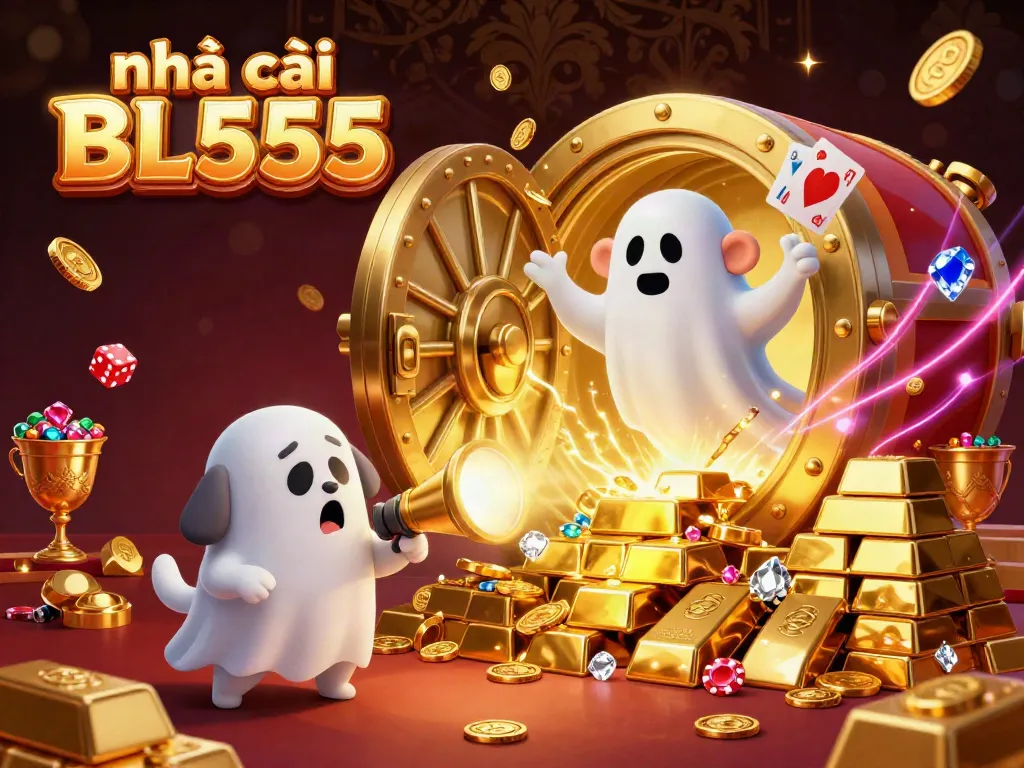 The mischievous poltergeist monkey juggles golden treasures in a haunted casino, promoting nhà cái BL555 with a curious puppy tracking the fun.