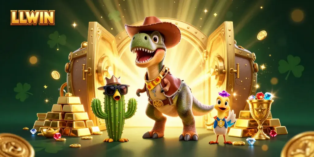 Experience thrilling wins with LLWIN in a vibrant 3D casino scene featuring dynamic characters.
