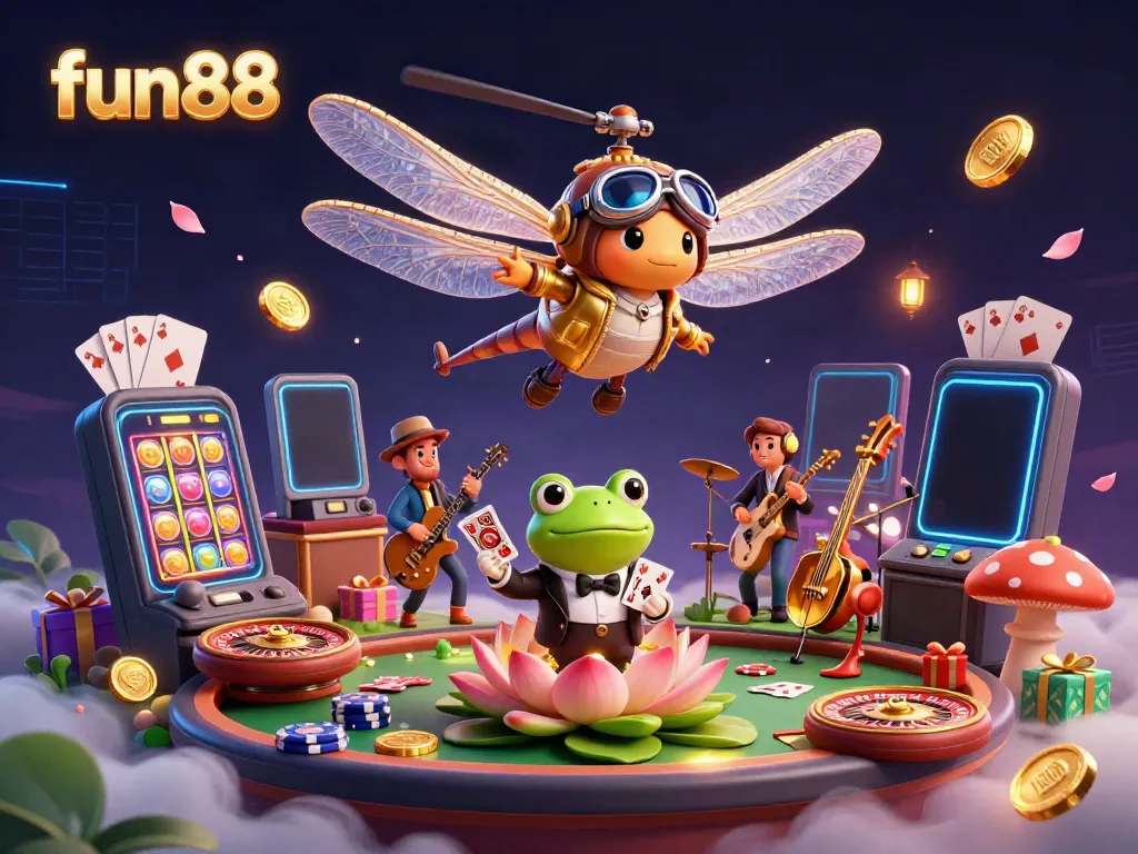 Experience thrill with fun88 at a vibrant lily pad casino, featuring lively cartoon characters.