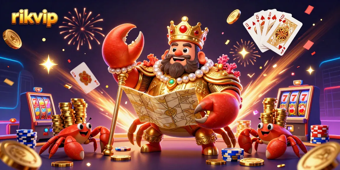 Experience the excitement of rikvip as the golden crab emperor leads a treasure hunt in a vibrant casino atmosphere.