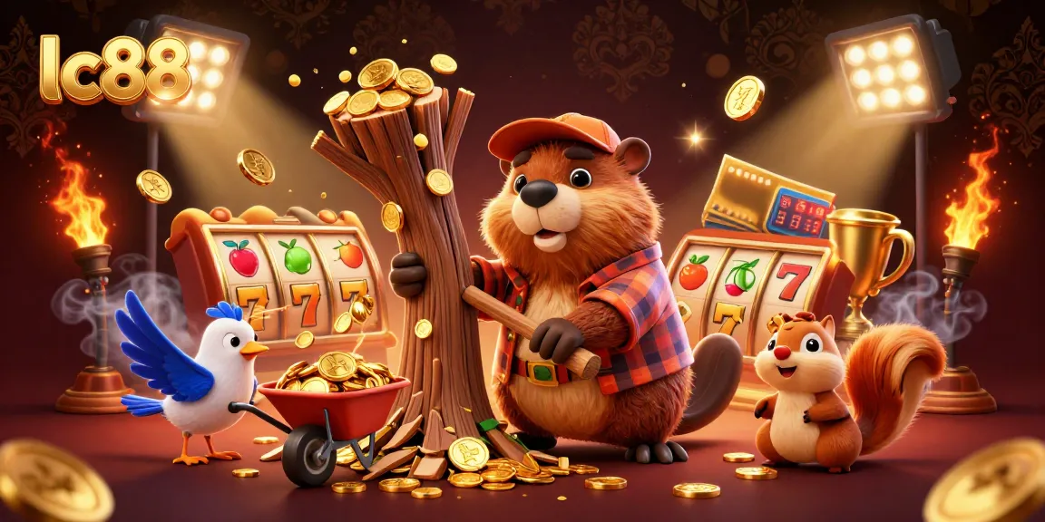 Win big at lc88 with a lively scene showing a beaver, bird, and squirrel celebrating casino victories with coins.