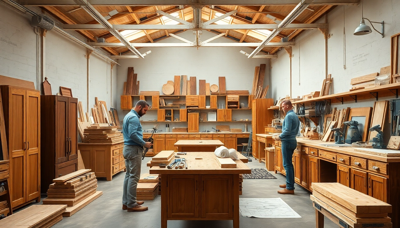 Expert cabinet makers working on intricate designs in a well-lit workshop.